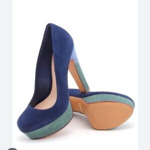 Schutz Corinne High Heel Blue PrintSuede ColorblockPlatform Sz 8 EUC